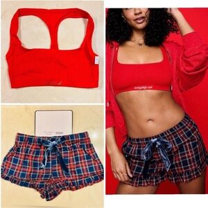 VS PINK Cotton Dorm Bralette “naughty-ish” Graphic Flannel Pajama Shorts Set XL